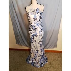 Seqin Hearts blue and white halter gown.